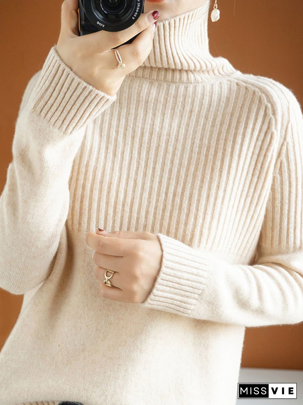 Casual Long Sleeves Loose Solid Color High-Neck Sweater Tops