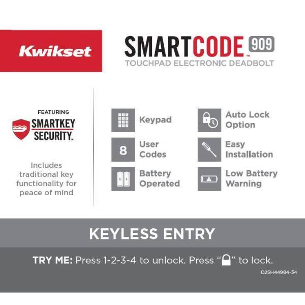 Kwikset SmartCode 909 Venetian Bronze Single Cylinder Electronic Deadbolt Featuring SmartKey Security and Tustin Passage Lever 909TNL720-11PSMT