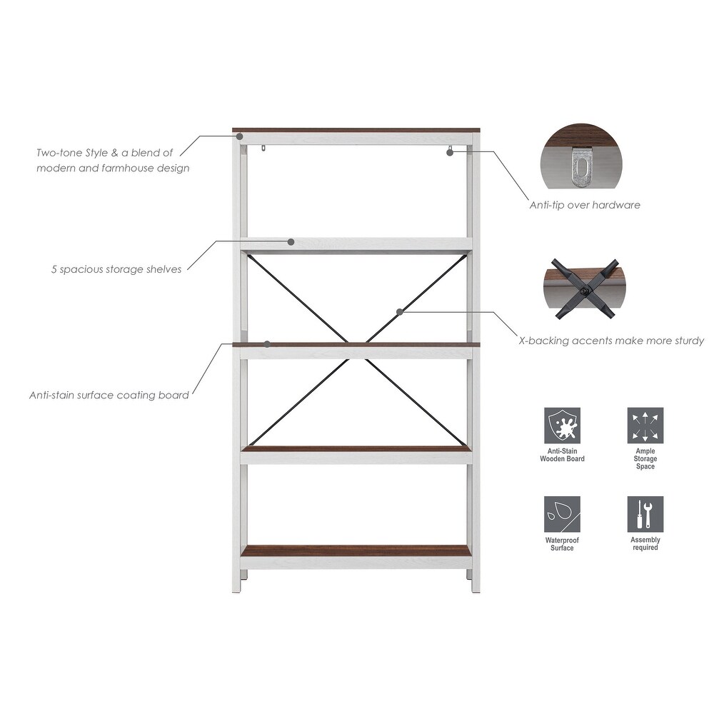 Spirich 5 Tier Bookshelf  Modern Bookcase with Wood Frame  Multipurpose Standing Shelving Unit  White