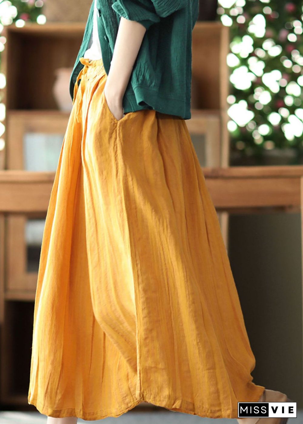 Bohemian Yellow Elastic Waist Wrinkled Linen Skirt Summer