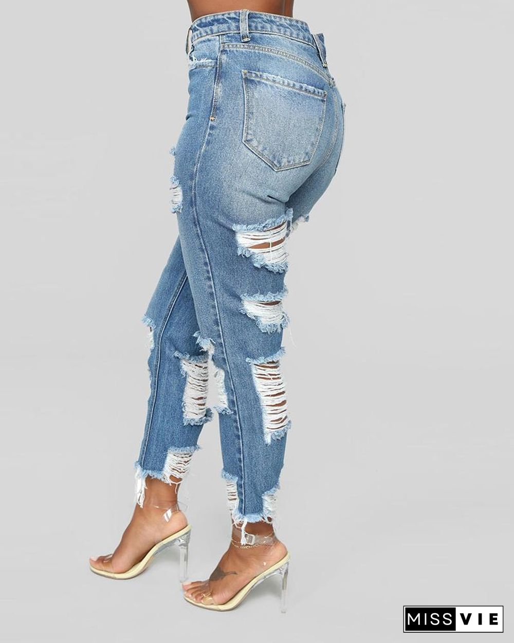 Fringe Hem Ladder Cutout High Waist Jeans P12078