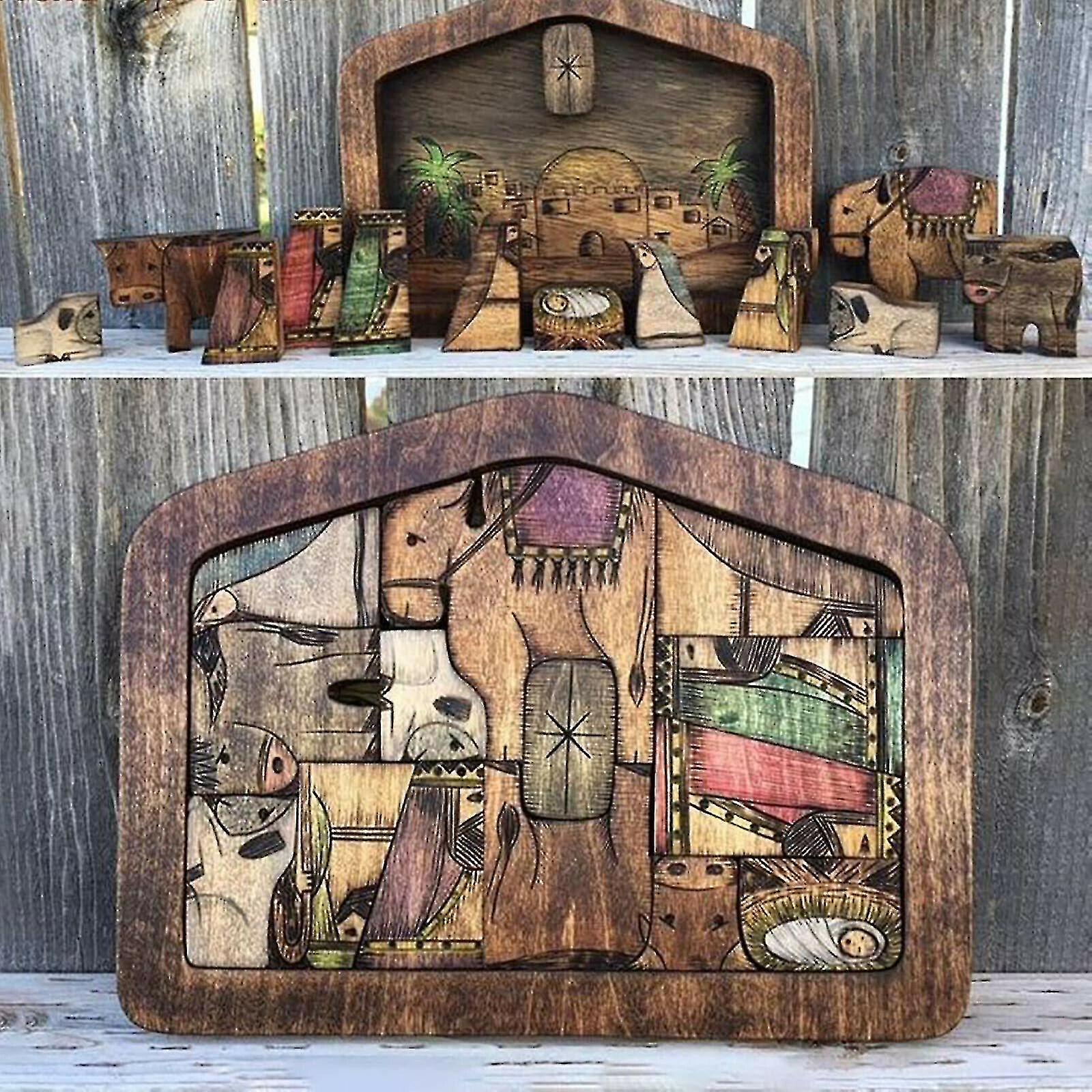 Nativity Puzzle With Wood Burned Design Wooden Jesus Puzzle Game Nativity Set