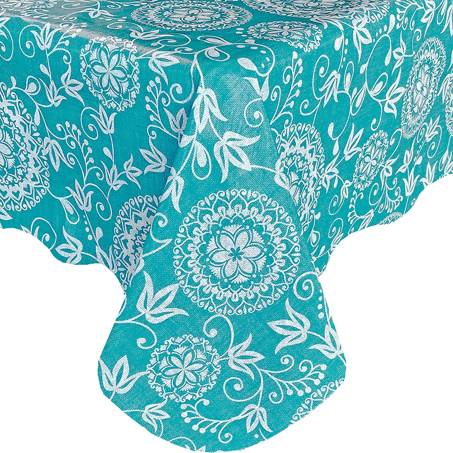 Newbridge Amiel Shabby Chic Medallion Vinyl Flannel Backed Tablecloth - 70 Inch Round, Blue