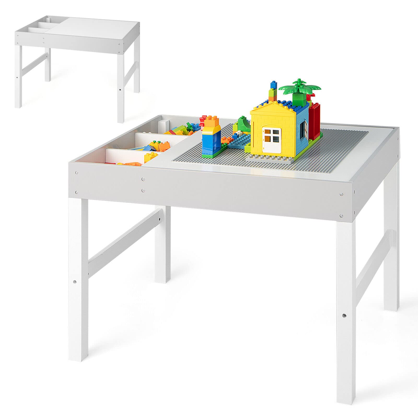 Costzon Kids Table, 3 in 1 Wooden Building Block Desk w/Storage