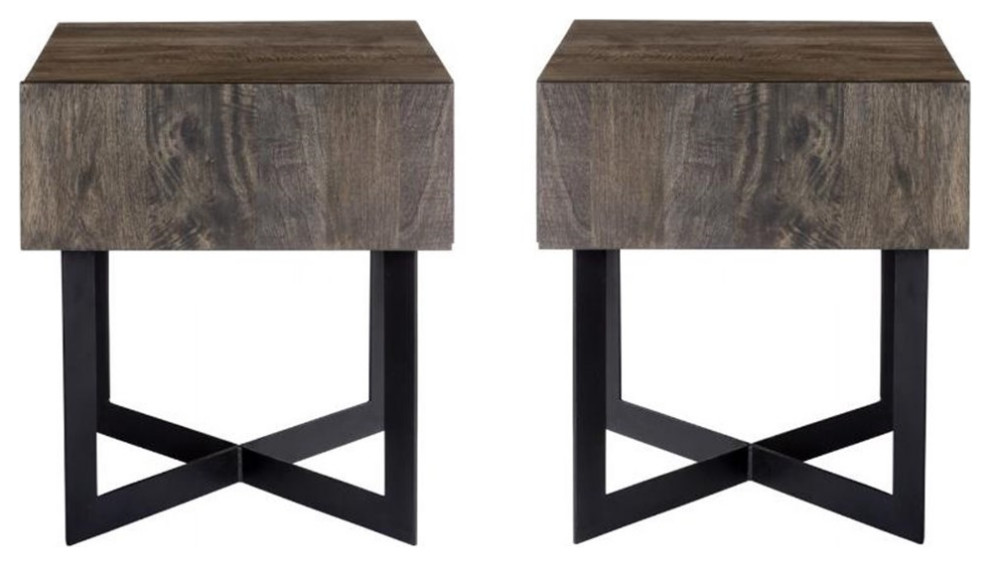 Home Square Mango Wood and Iron Side Table in Natural   Set of 2   Industrial   Side Tables And End Tables   by Homesquare  Houzz