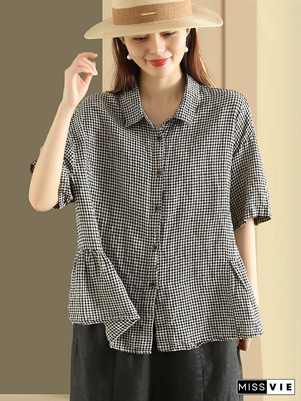 Plus Size Women Summer Casual Plaid Button Cardigan Linen Shirt