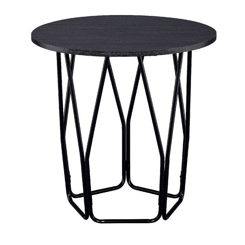 Industrial Style Wooden End Table with Metal Base， Black and Brown