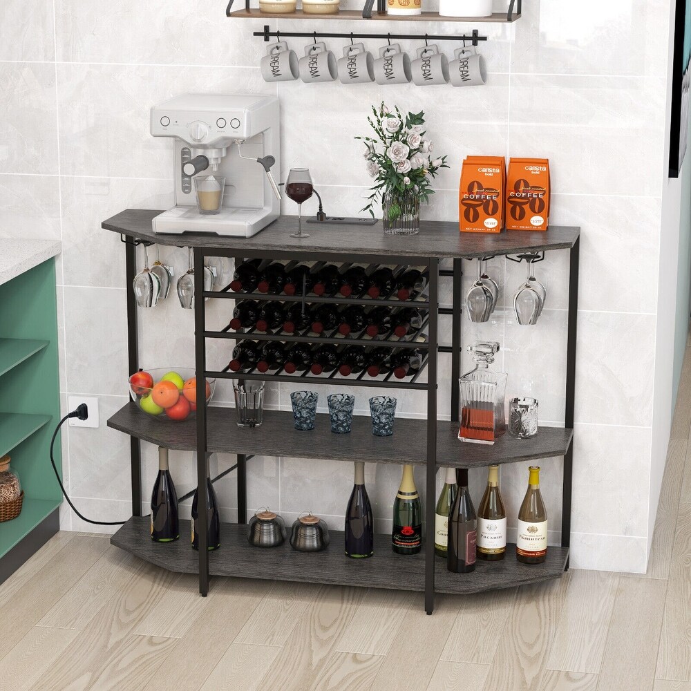 Gymax 3 Tier Wine Bar Cabinet with Storage Shelves Glass Holders