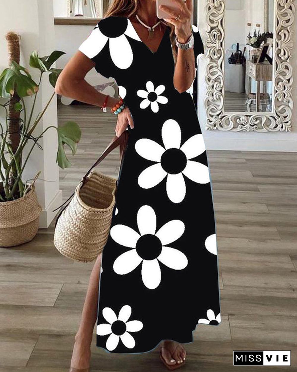 Casual Floral Print V-Neck Short Sleeve Hem Slit Maxi Dress