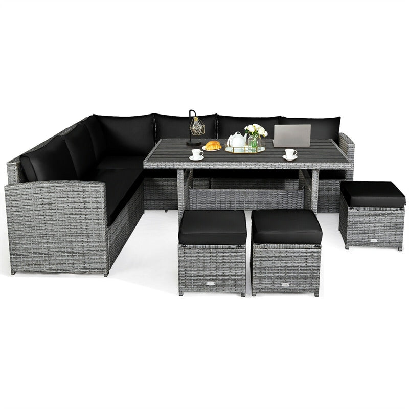 7 Pcs Rattan Patio Dining Furniture Sectional Sofa Set with Dining Table, Ottomans & Cushions