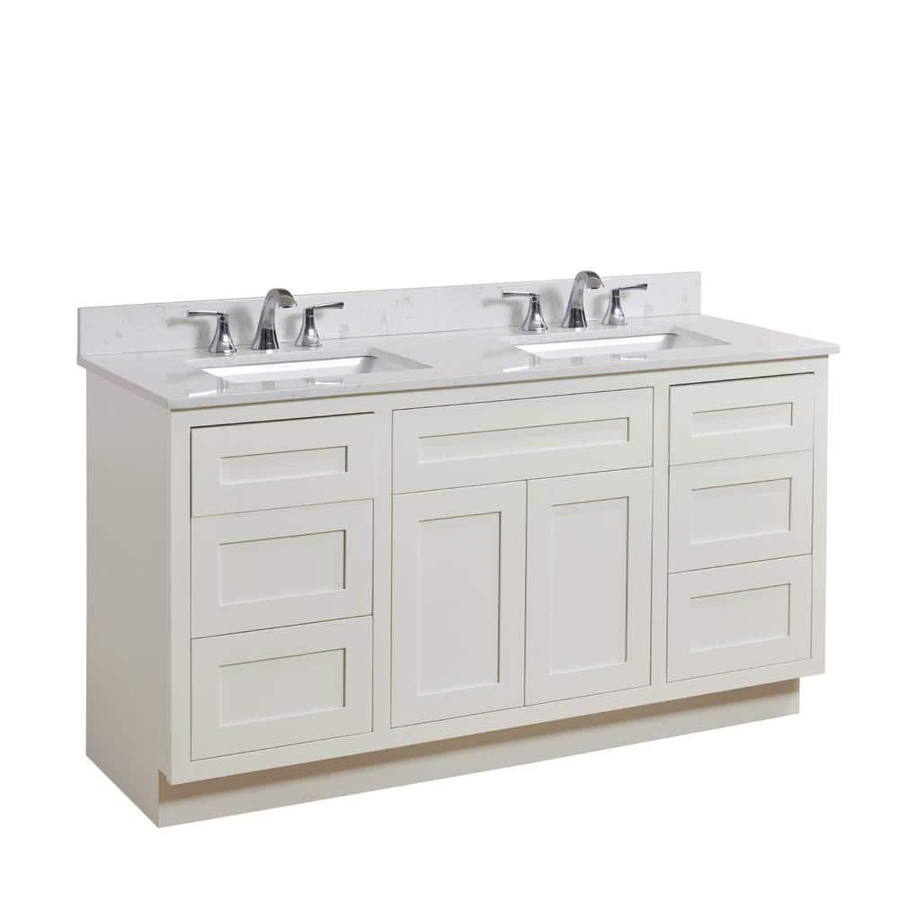 Altair 61 in W Engineered Stone Double Basin Vanity Top in Jazz White with White Basins