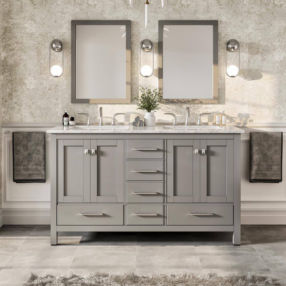 Eviva Aberdeen 60 in. W x 22 in. D x 35 in. H Double Bath Vanity in Gray with White Carrara Marble Top with White Sinks EVVN412-60GR