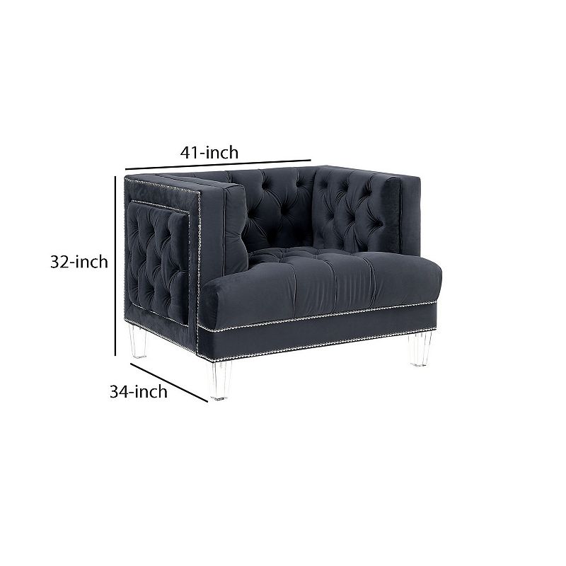 Velvet Upholstered Chair， with Tufted Details and Acrylic Legs， Black