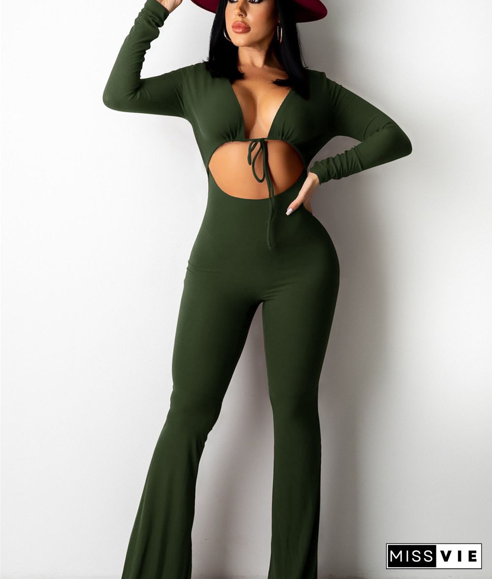 Ribbed Cut Out Lace Up Skinny One Piece Jumpsuit