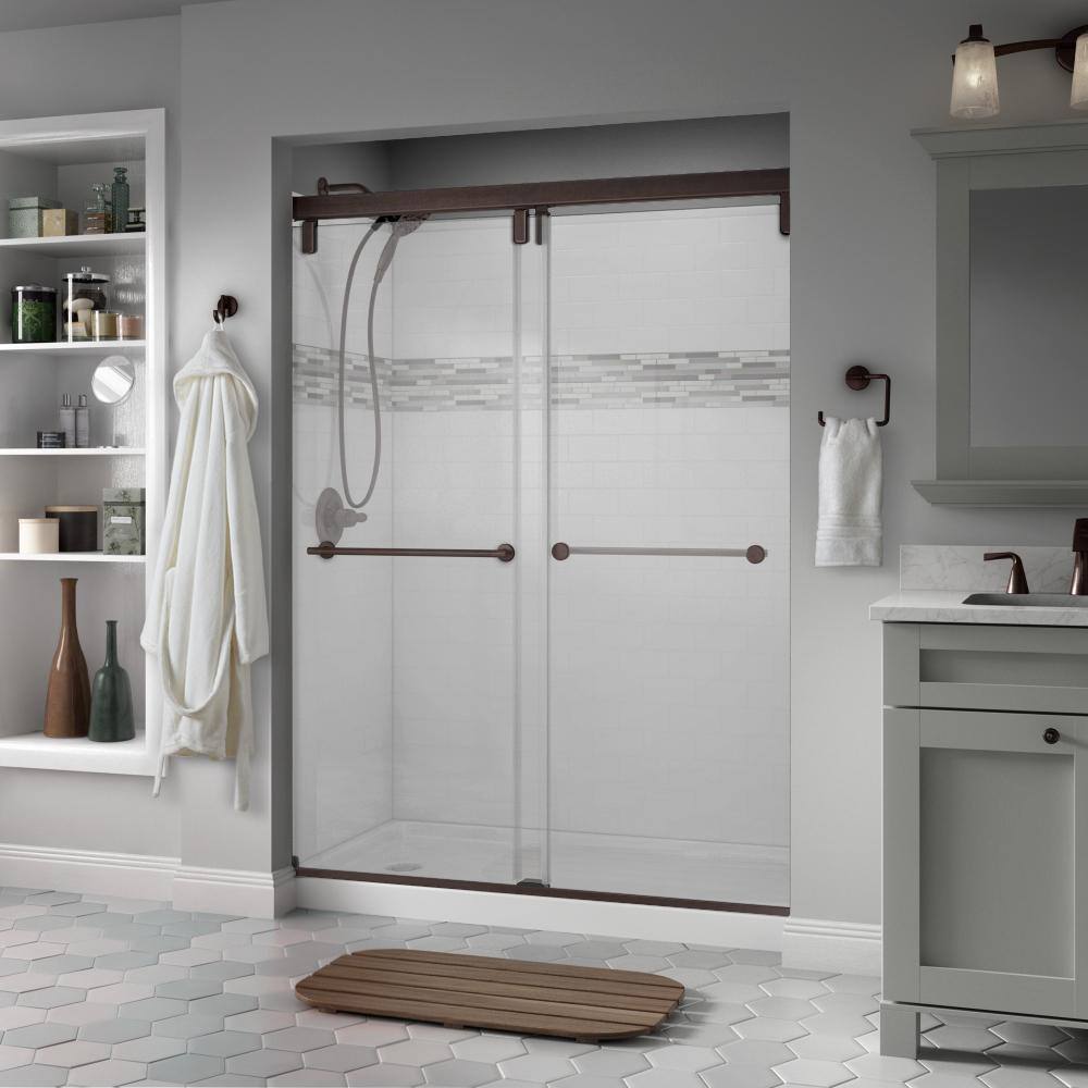 Delta Lyndall 60 x 71-12 in. Frameless Mod Soft-Close Sliding Shower Door in Bronze with 38 in. (10mm) Clear Glass SD3442285