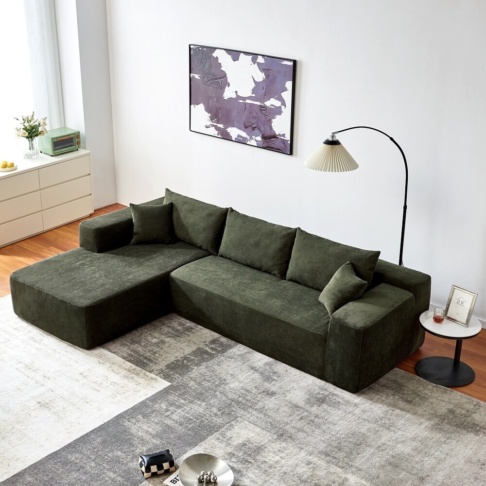 Livingroom Dark Green Sectional Sofa L shape Floor Lounge Recliner Sofa  Corduroy Sleeper Settee Couch with Chaise  Toss Pillows