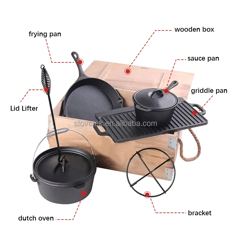 Outdoor Cooking Non Stick Griddle Wooden Box Packing Pan Cast Iron Dutch Oven Set