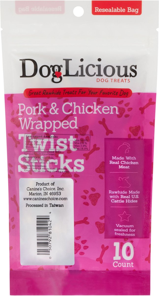 Canine's Choice DogLicious Chicken and Pork Wrapped Rawhide Twist Sticks Dog Treats， 10 count