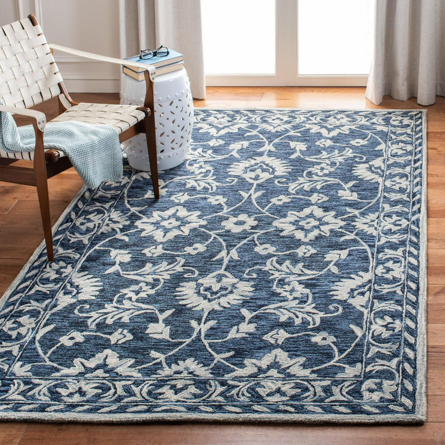 SAFAVIEH Micro-Loop Kevin Floral Area Rug， Navy/Taupe， 5and#8242; x 5and#8242; Square