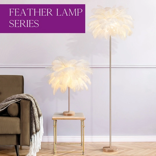 Gold and White Feather Tripod Table Lamp With Bulb