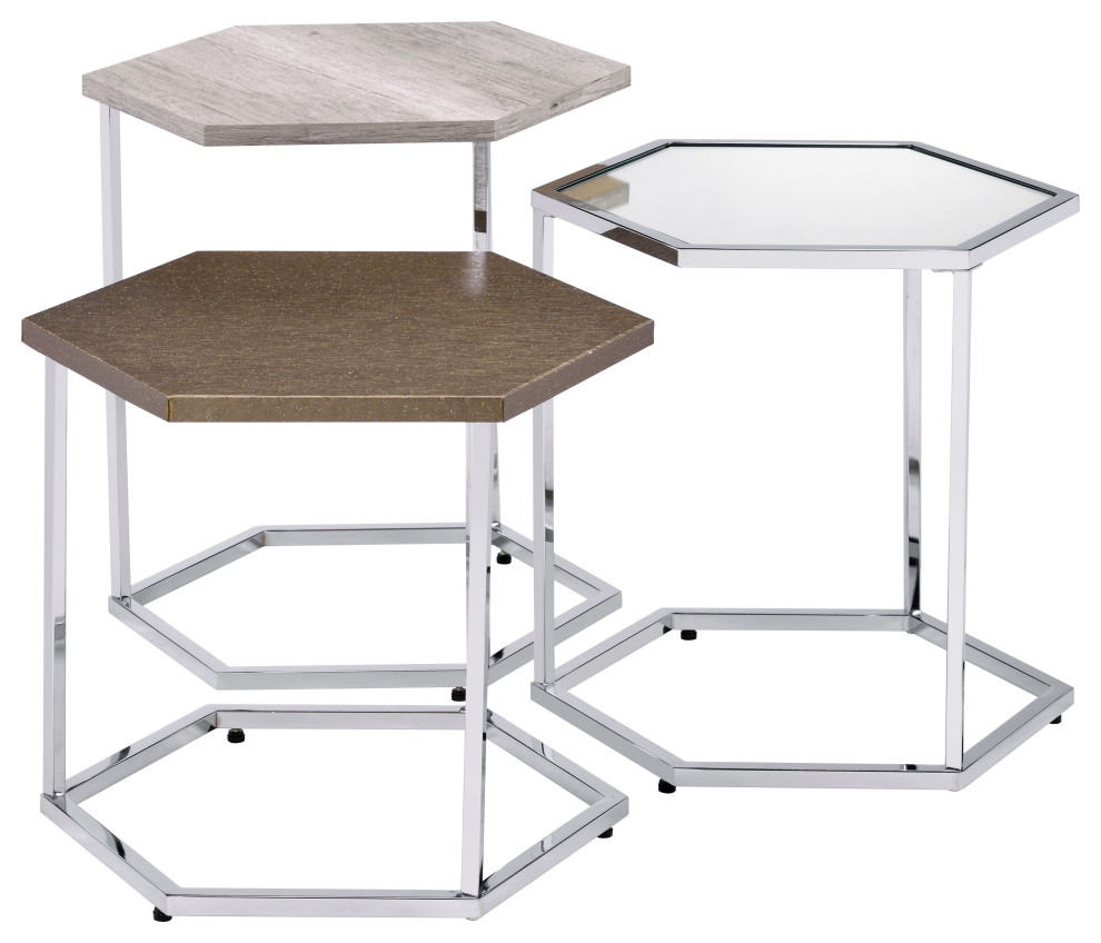 Simno Nesting Tables  Clear Glass  Taupe  Gray Washed and Chrome Finish   Contemporary   Coffee Table Sets   by Acme Furniture  Houzz