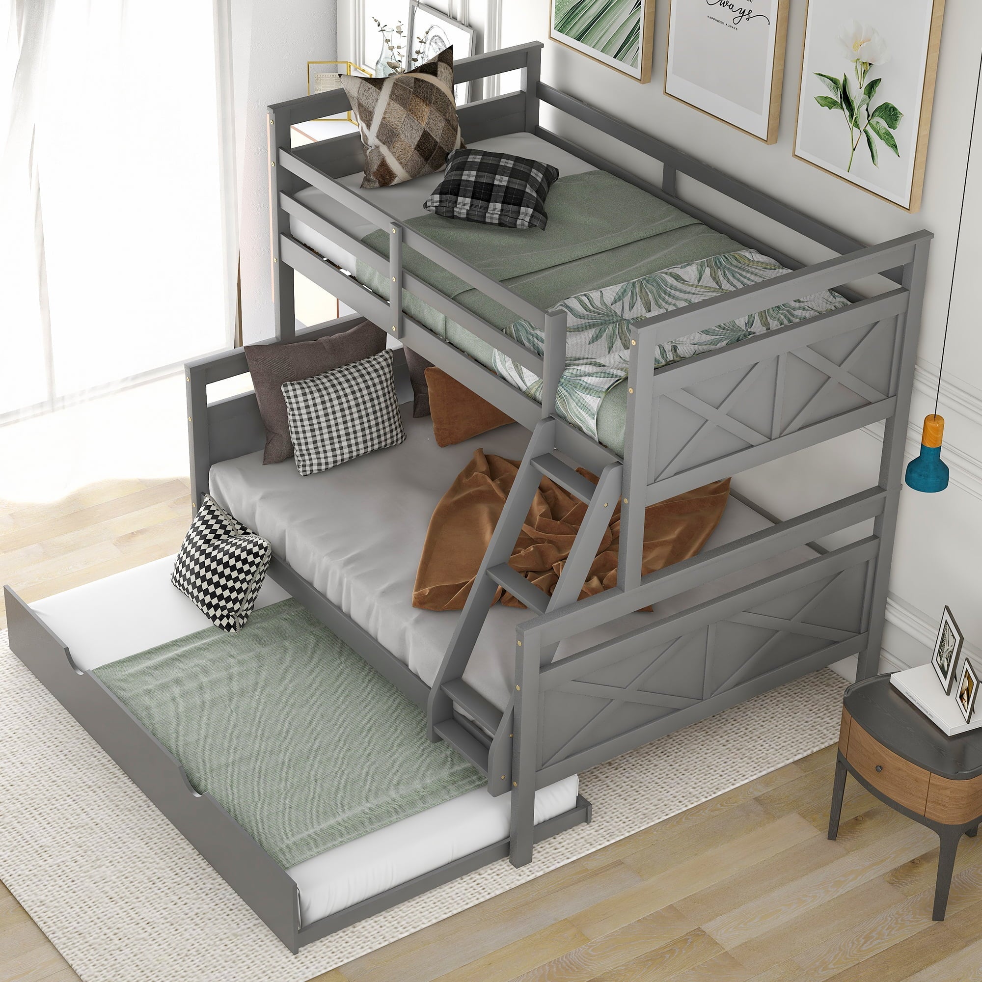 Euroco Wood Twin over Full Bunk Bed with Trundle for Kids & Adults Bedroom, Gray