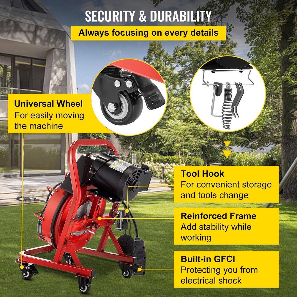 VEVOR Drain Cleaner Machine fit 1 Inch/25MM to 4 Inch/100MM Pipes Portable Electric Drain Auger with Cutters Glove