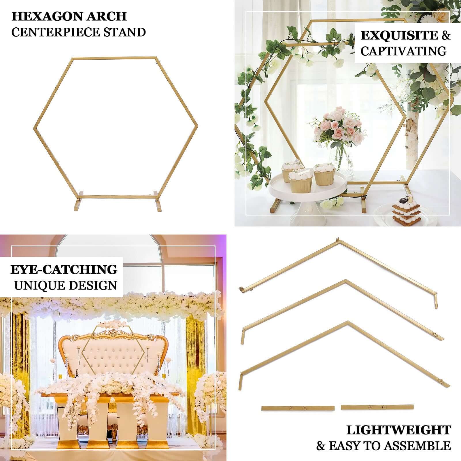 Gold Metal Hexagon Table Wedding Arch Centerpiece Stand, Geometric Self Standing Flower Balloon Frame 21