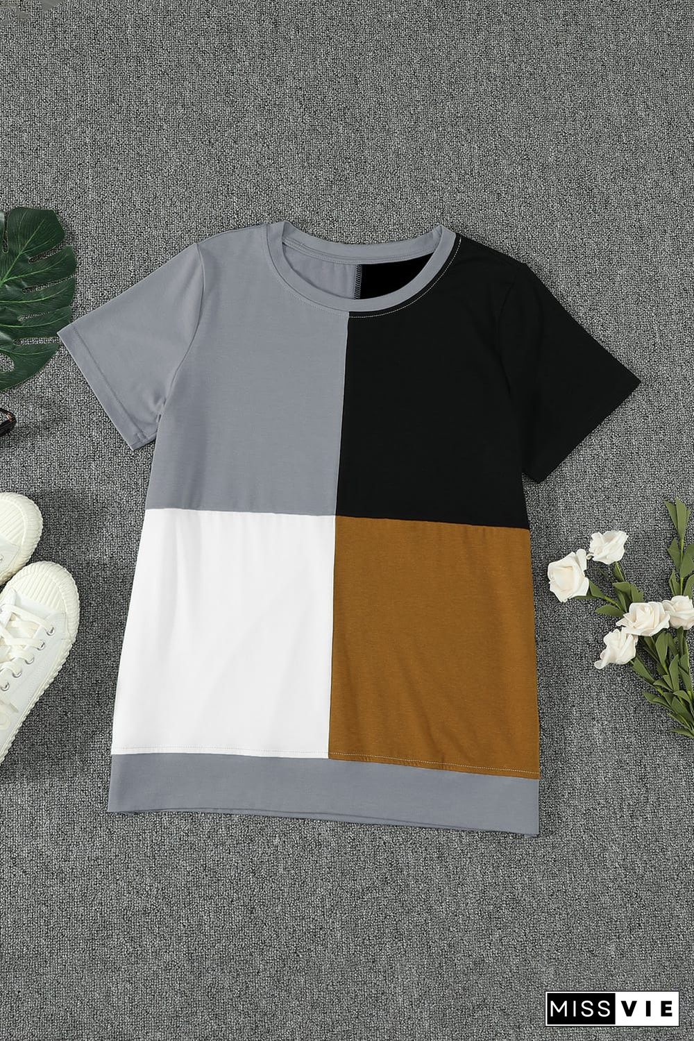 Brown Colorblock T-shirt with Slits