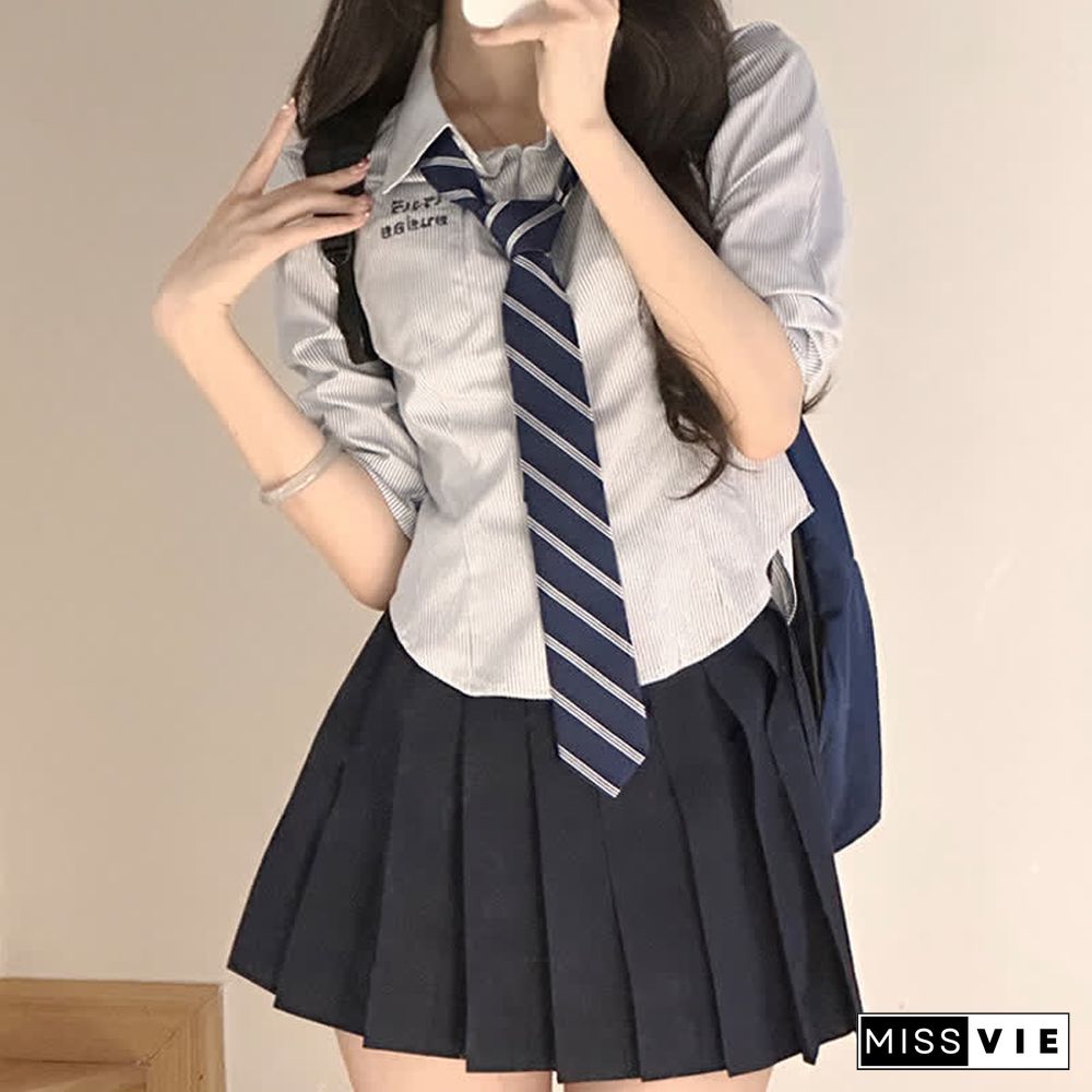 Letter Embroidery Stripe Tie Polo T-Shirt Pleated Skirt JK Uniform