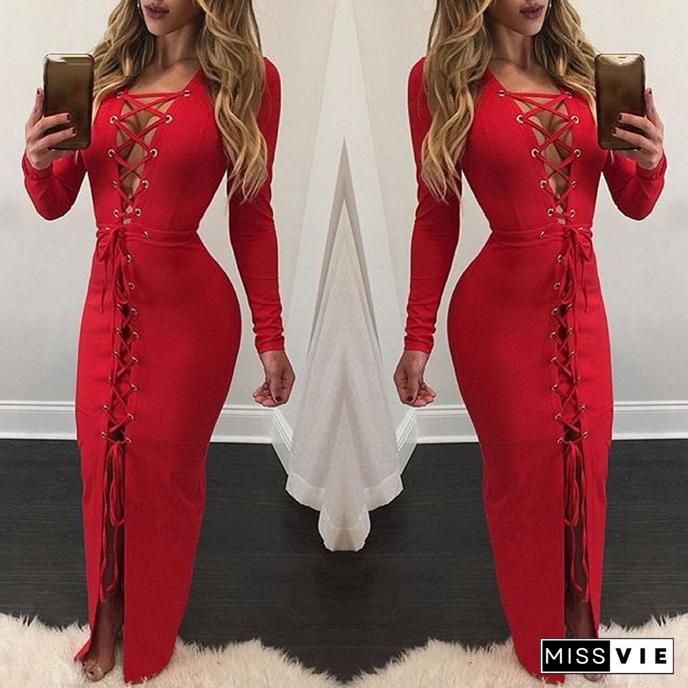 Red Long Sleeves Lace-up Skinny Maxi Dress