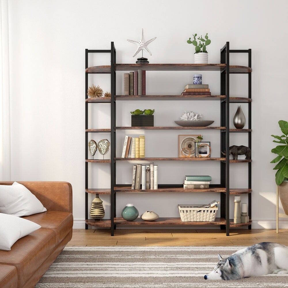 Modern Triple Wide 6 Shelf Bookcase Large Etagere Bookshelves and Double Wide Bookshelf Display Shelves