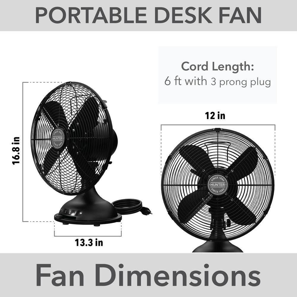 Hunter Classic 12 in. 3-speed Desk Fan in Matte Black with Non-slip Base and Easy-Carry Handle 97314