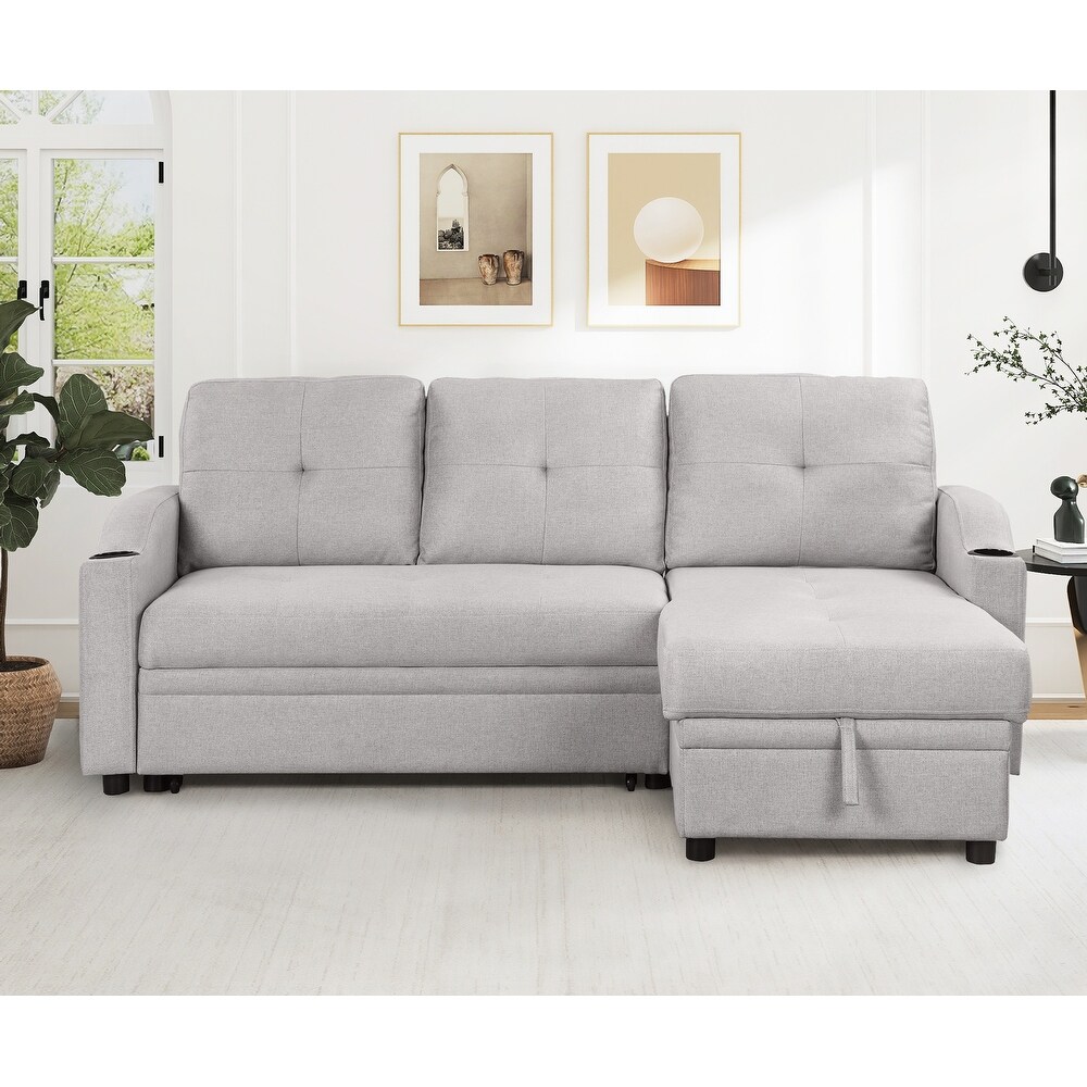 Linen Fabric 3 Seater Couch with Pull Out Sofa Bed  Storage Chaise