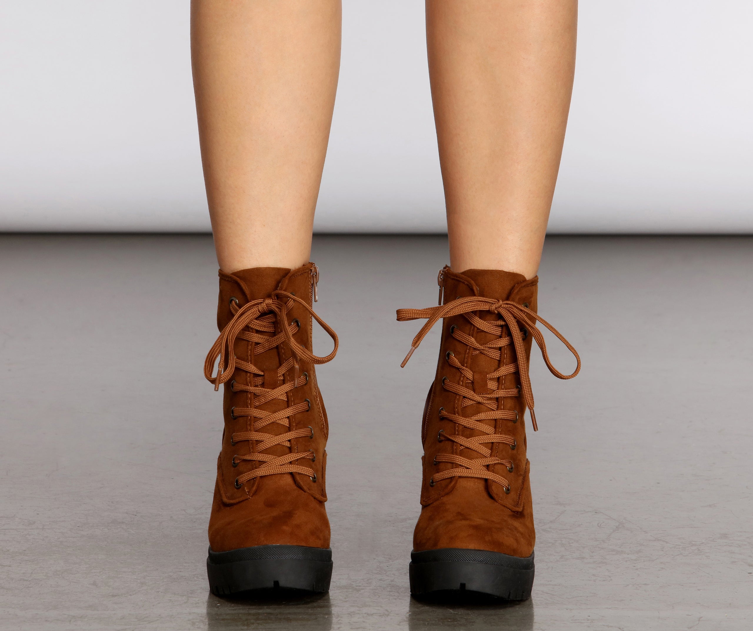 Keep It Glossy Lace Up Lug Heel Booties