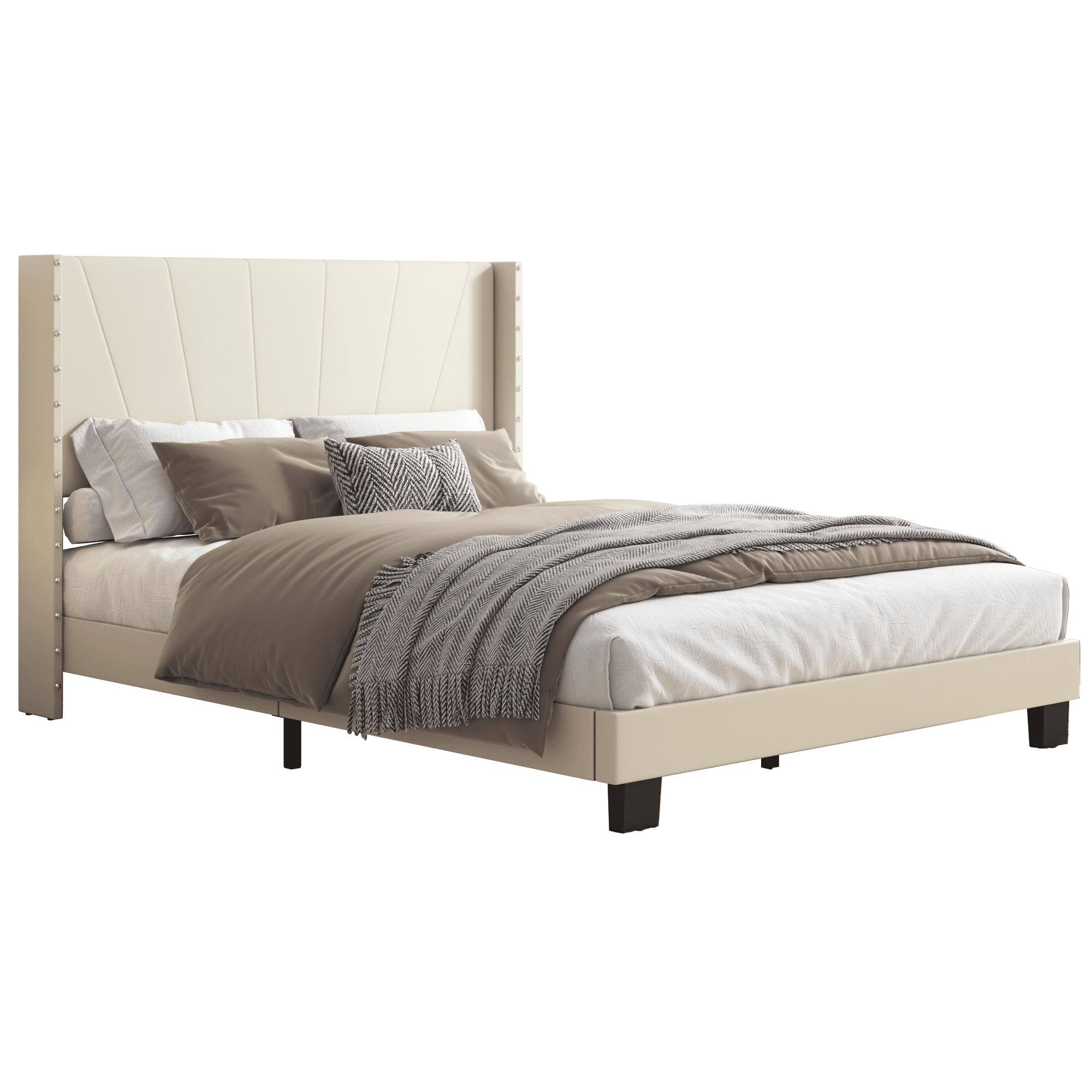 BTMWAY Full Bed Frame, Full Size Velvet Upholstered Platform Bed with Headboard, Solid Wood Frame, Modern Full Platform Bed Frame Bedroom Furniture, Holds 550lbs, No Box Spring Needed, Beige