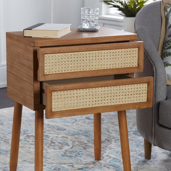 Trenton 2 Drawer Wood and Rattan Side Table