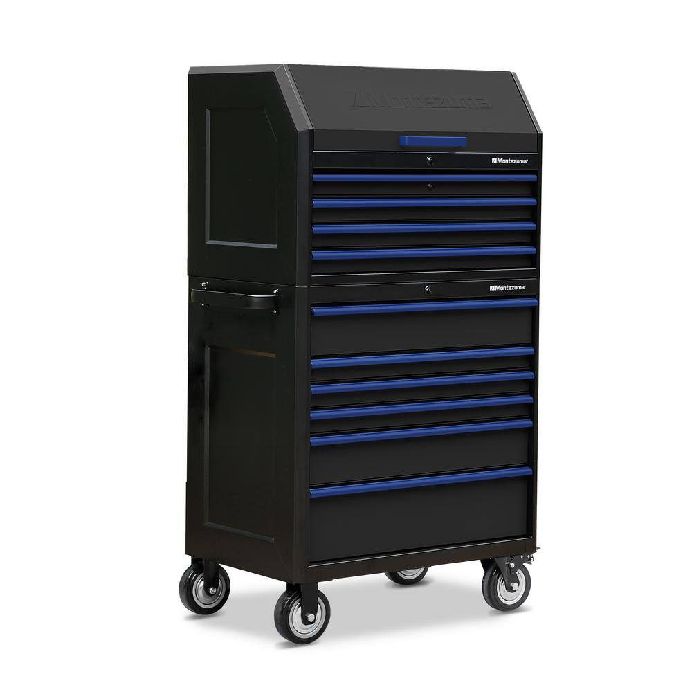 Montezuma 36 in. W x 24 in. D 10-Drawer Tool Chest and Cabinet Combo with Power and USB Outlets in Black and Blue M3624COMBO