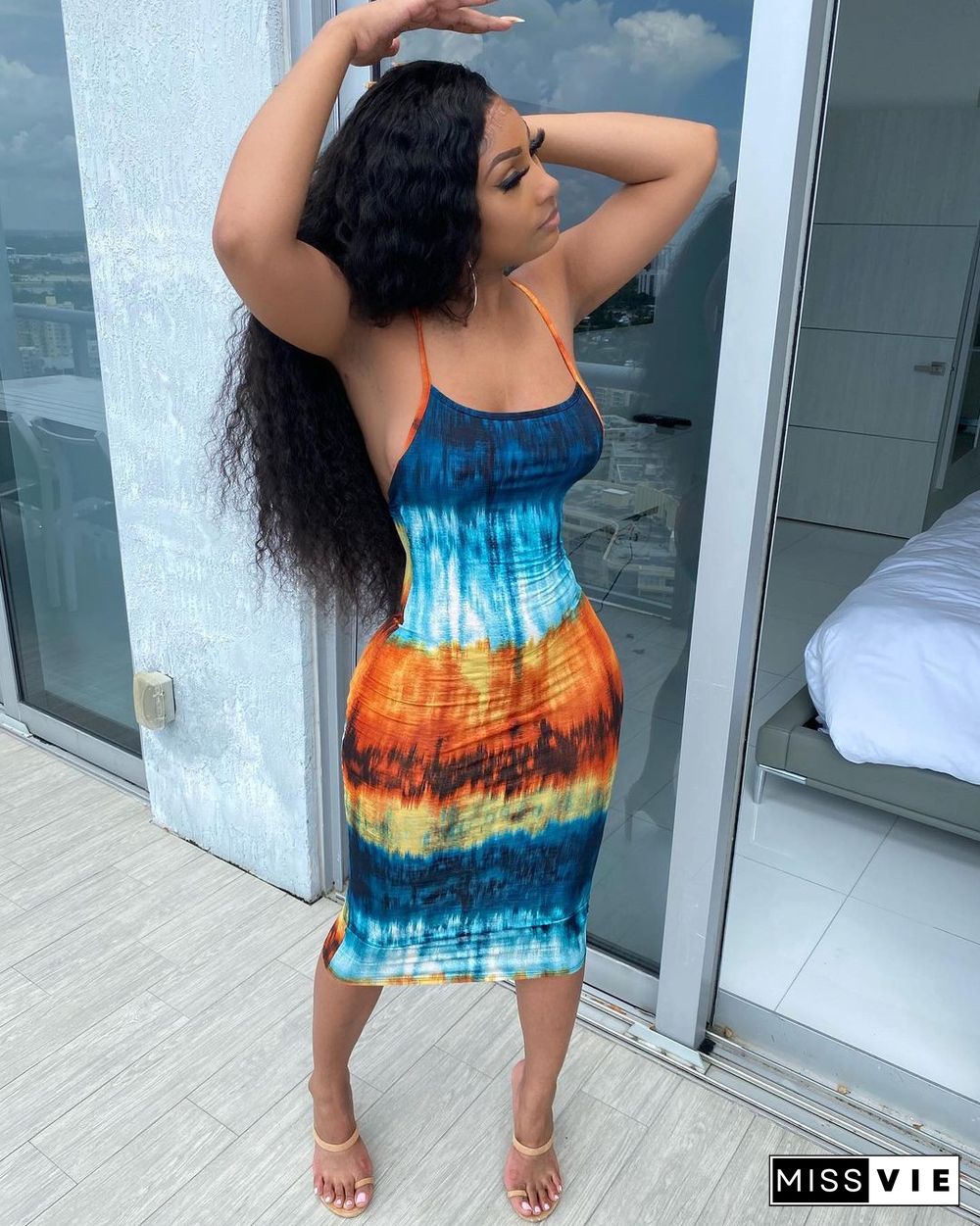 Tie Dye Print Spaghetti Strap Backless Bodycon Dress