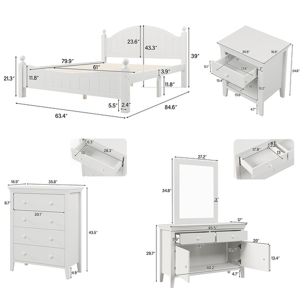 6 Pieces Wood Bedroom Sets， Nightstand*2+ Chest+ Dresser+ Mirror+ Bed - - 36905678