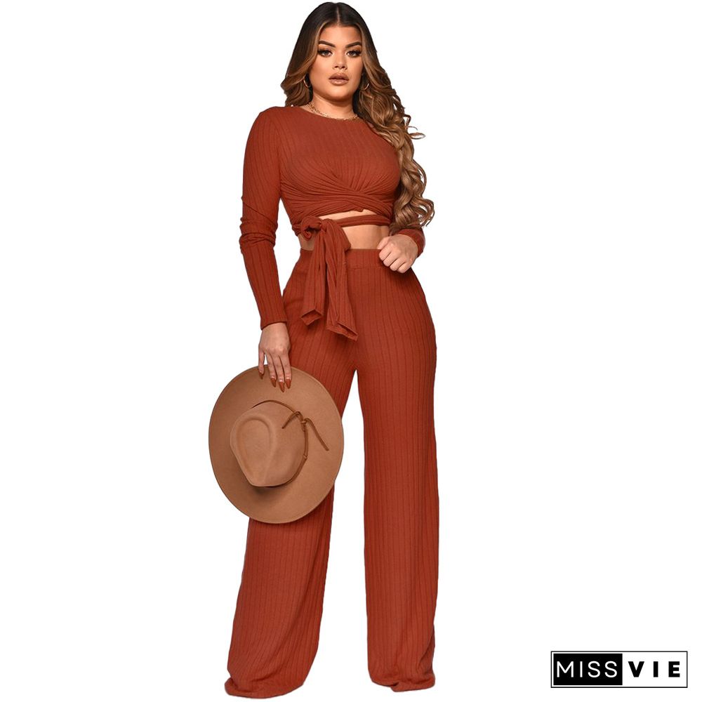 Ribbed Lace Up Crop Tops Wide Leg Pants Set