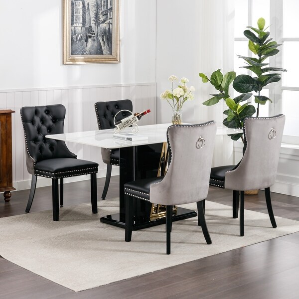 Modern， High-end Tufted Solid Wood Contemporary PU and Velvet Upholstered Dining Chair with Wood Legs Nailhead Trim 2-Pcs Set