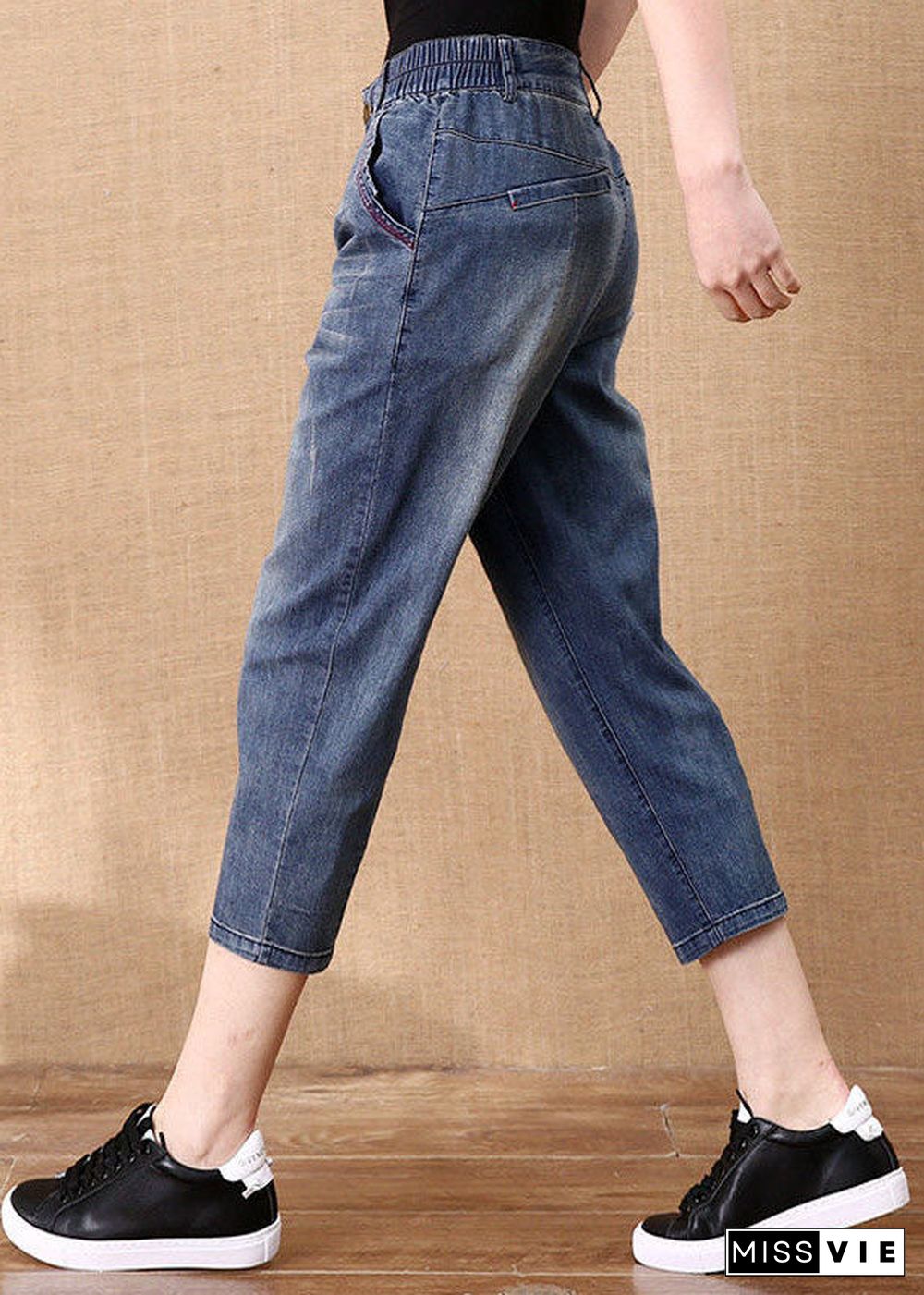 Plus Size Blue Solid Elastic Waist Pockets Cotton Denim Crop Pants Summer