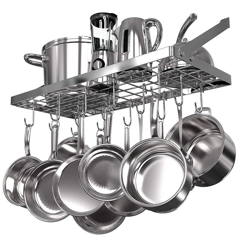 Wall Mounted Kitchen Pot Rack with Moveable Hooks and Grid