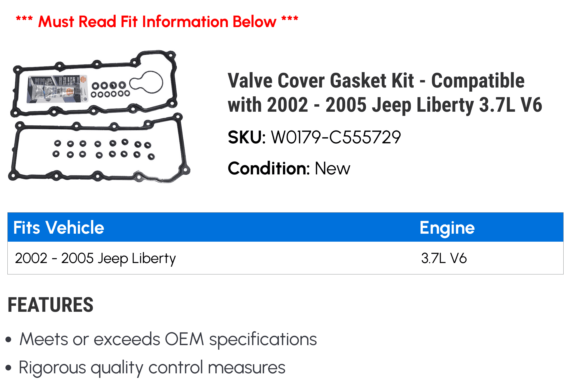 Valve Cover Gasket Kit - Compatible with 2002 - 2005 Jeep Liberty 3.7L V6 2003 2004