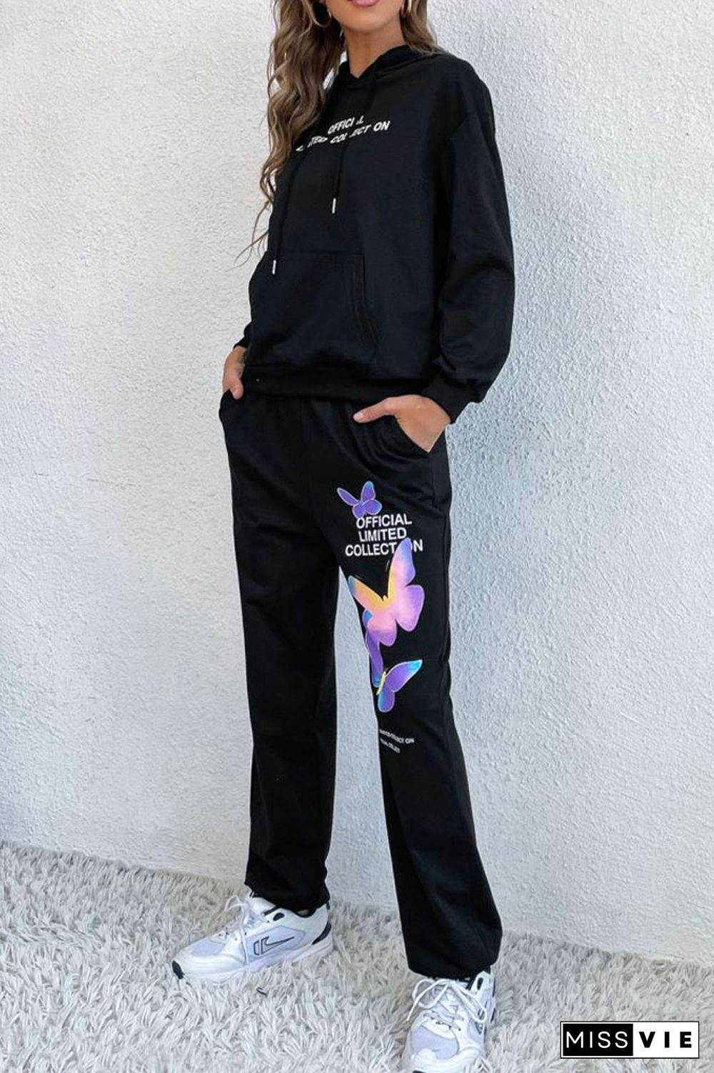 Black Drawstring Hoodie And Printing Pants 2PCS Set