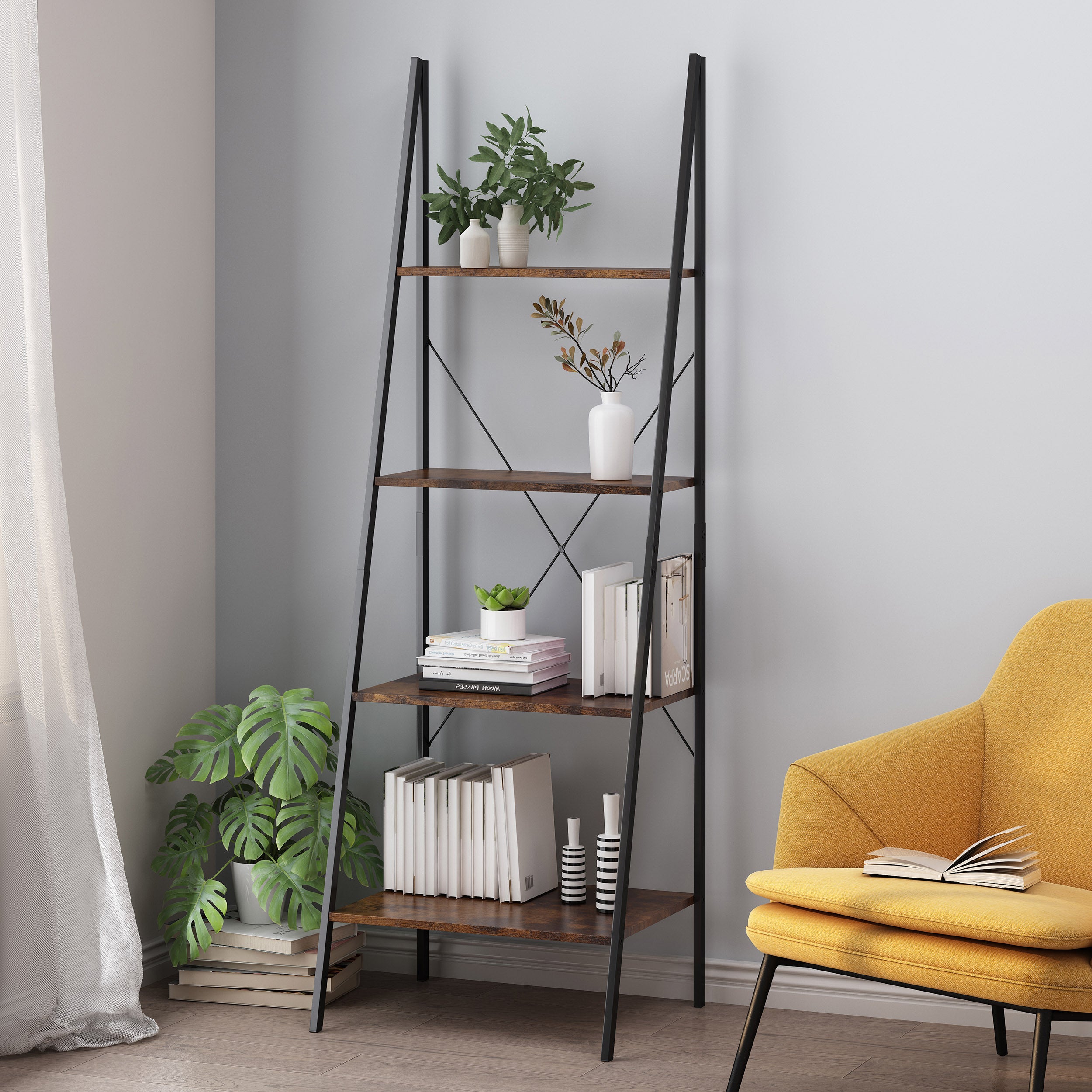 Wolfe Modern Industrial 4 Shelf Etagere Ladder Bookcase