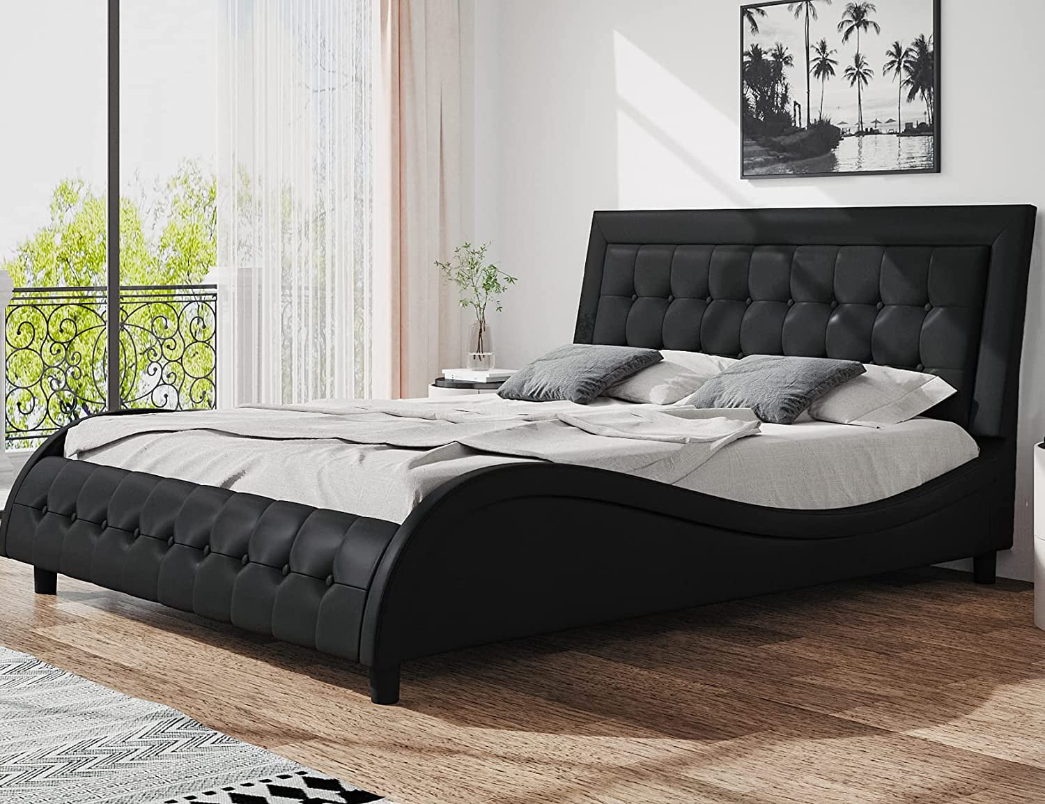 SHA CERLIN Queen Size Low Profile Upholstered Platform Bed Frame with Button Tufted Adjustable Headboard, Wave-Like Shape, Black