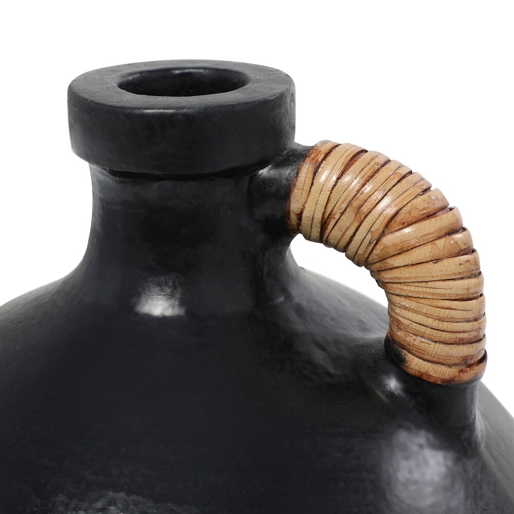 Black Ceramic Jug Inspired Vase with Rattan Wrapped Handle