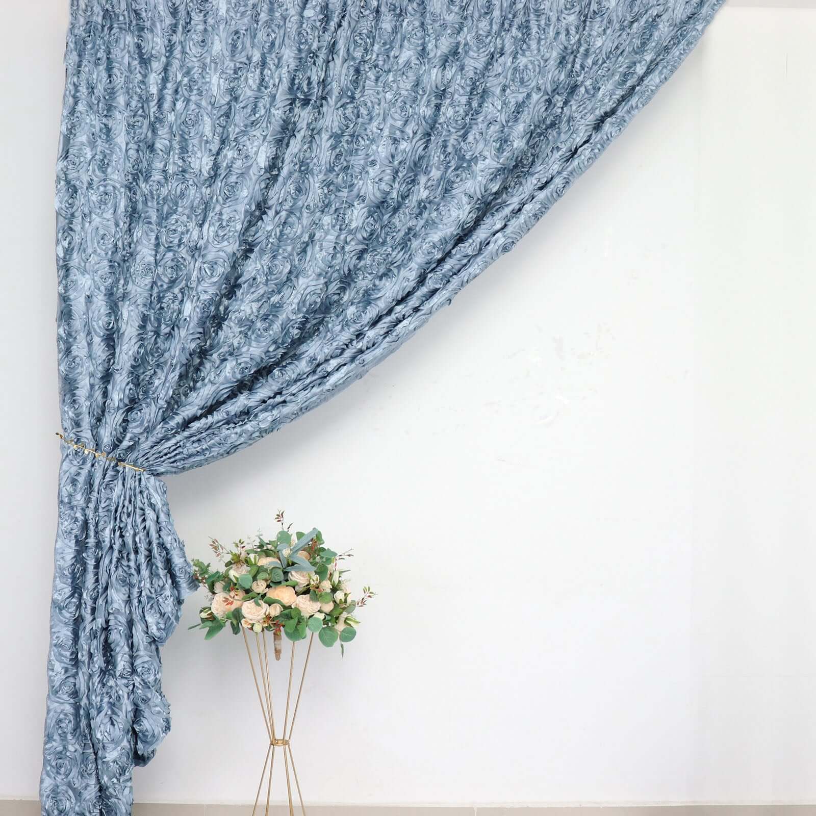 Dusty Blue Satin Rosette Backdrop Drape Curtain, Photo Booth Event Divider Panel - 8ftx8ft